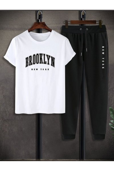 Sky Light Unisex White Printed T-Shirt - Black Jogger