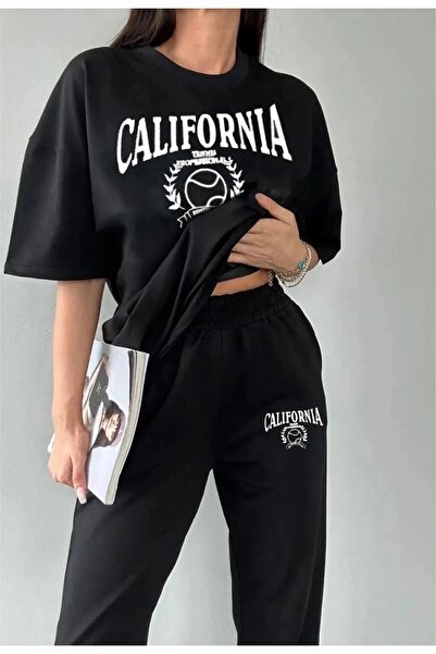 HIRSCH طقم تي شيرت نسائي صيفي أسود مطبوع عليه كاليفورنيا للتنس