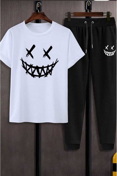 Sky Light Unisex White Printed T-Shirt - Black Jogger