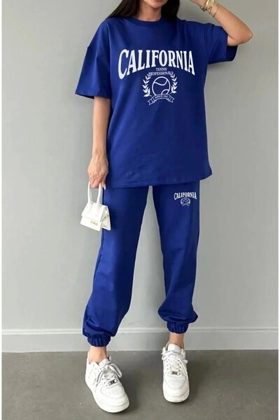 HIRSCH طقم تي شيرت نسائي صيفي أزرق مطبوع عليه كاليفورنيا للتنس