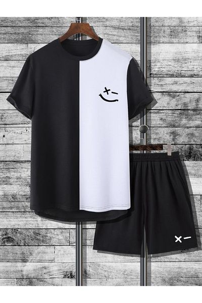 Sky Light Unisex Black-White Printed T-Shirt - Black Shorts - Summer