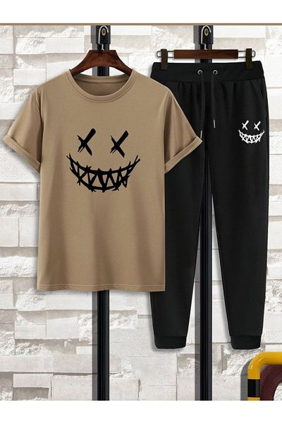 Sky Light Unisex Beige Printed T-Shirt - Black Jogger