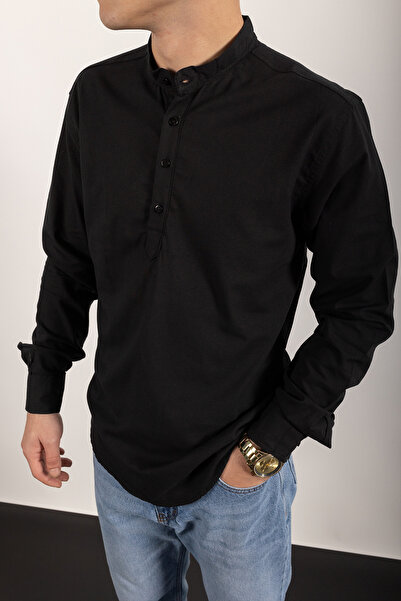 WAMOSSALAPLI Μακρυμάνικο γιακά δικαστή με τρία κουμπιά λινό μαύρο πουκάμισο