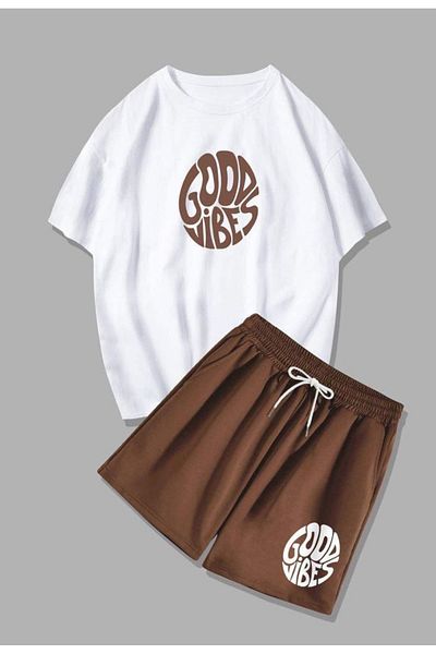 Sky Light Unisex White Printed T-Shirt - Brown Shorts - Summer