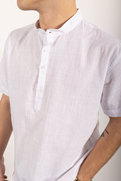 WAMOSSALAPLI Короткий рукав, комір-стійка, три ґудзики, вузький крій, біла лляна сорочка