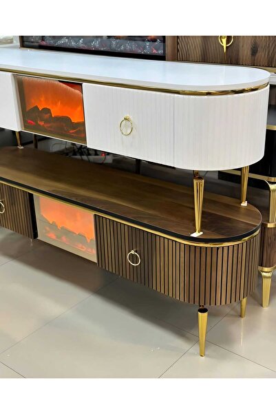 NUR AHŞAP Beyaz Lake Boyalı 2 Kapaklı Şömineli Tv Ünitesi 170*42*55