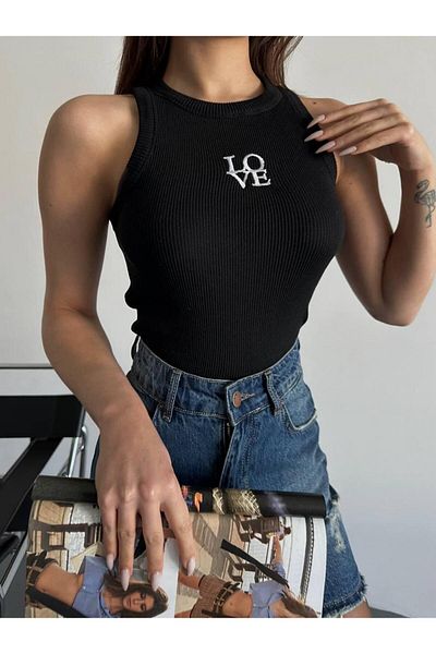 REMENY Black Love Embroidered Black Ribbed Standard Size Undershirt