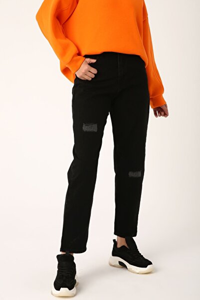 TUĞRA CENTER Kadın Yamalı Denim Pantolon-Siyah