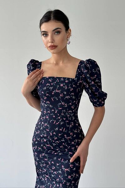 lovebox Dámské krepové látkové čtvercový límec princezna s rukávem večerní šaty midi s květinovým vzorem 226
