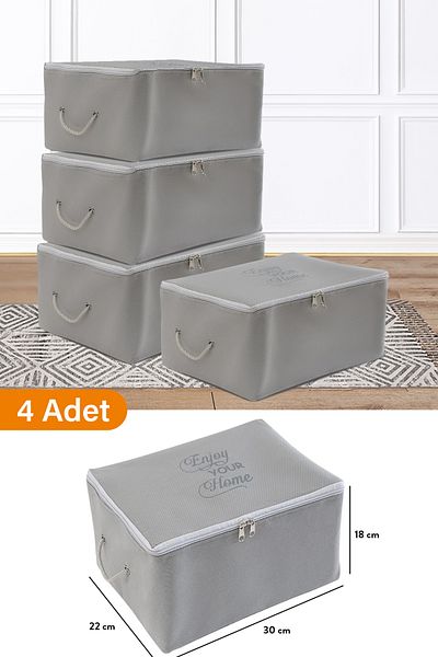 Serstil 4 Pieces - Mini Size Printed Detailed Anthracite Storage Bag 30 X 22 X 18 Cm