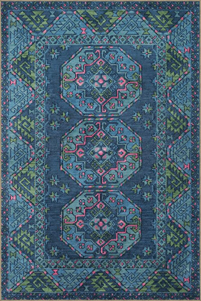 Rugs Modern Halı Mavi Yeşil Temalı Geleneksel Motif Etnik Desenli Vintage Dek...