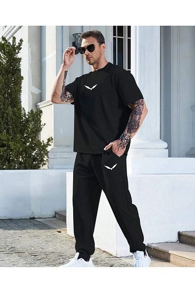 HIRSCH Men's Black Oversize Bird Printed Tracksuit T-shirt Set