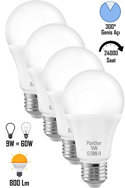 Telvesse 4 ADET 9W Beyaz LED E27 Ampul Tasarruflu Lamba 6500 K Beyaz Işık 800...