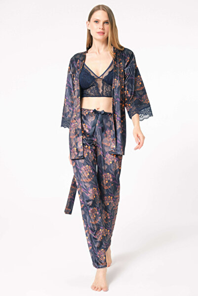 Anıl Kadın Kadife Çiçek Baskılı Sabahlık Balensiz Desteksiz Dolgusuz Dantelli Bralet Sütyen ve Pantolon P