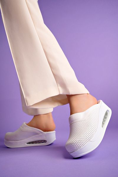 DRMOON White Colored Women's Airmax Sole Genuine Leather Sabo Slippers