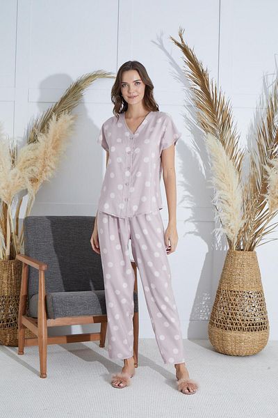 Sevim Women's Short Sleeve Front Buttoned Powder Pajamas Suit C1T2N951