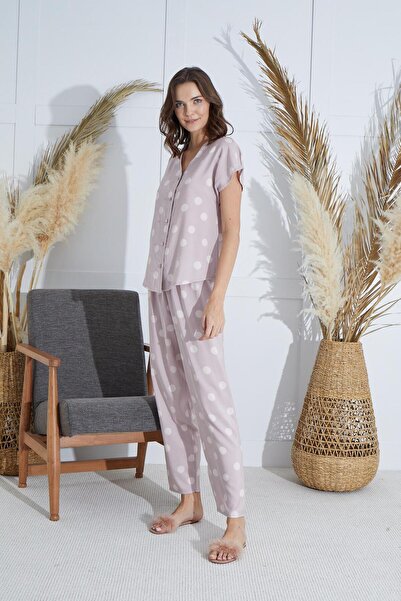 Sevim Жіночий короткий рукав з ґудзиками спереду, пудровий піжамний комплект C1T2N951