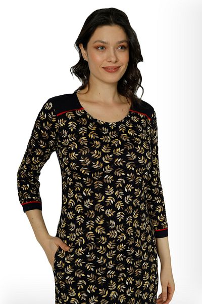 İntensive rochie de damă din bumbac cu mâneci trei sferturi cu imprimeu negru