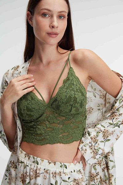 Anıl 5829 Rope Strap V-Neck Women's Floral Patterned Summer Woven Lace Detailed Pajamas Set Dressing Gown