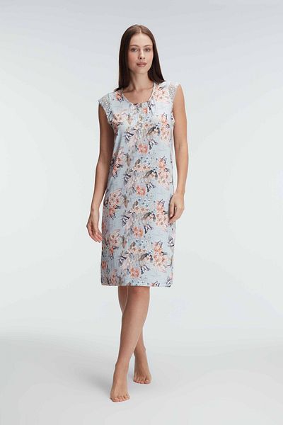 Anıl 5817 Short Sleeve Crew Neck Women's Viscose Flower Patterned Summer Knitted Short Lace Detailed Nightgown