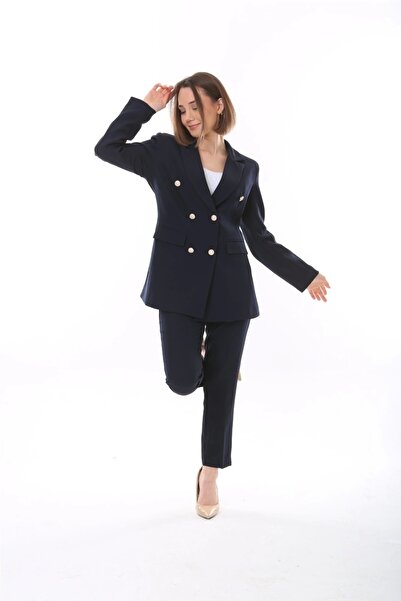 ModaSehle Kadın Düğmeli Blazer Ceket Kemerli Pantolon Dokuma Atlas Kumaş Takım Elbise