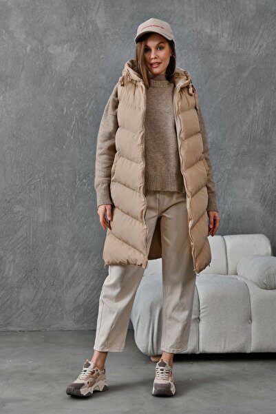 VOLT CLOTHİNG Hooded Padded Vest with Chain on the Side