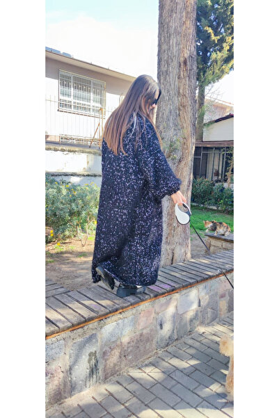 ORGANICMIRA Kadın Kırçıllı Siyah Beyaz Örgü Uzun Hırka Salaş Ceket