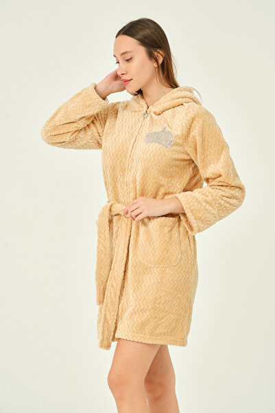 İntensive Hooded stone detailed zippered pockets ultra soft dressing gown