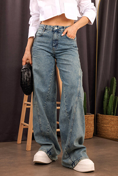 Sue Store Μπλε Faded Effect Ψηλόμεσο Palazzo Jean με Cargo Pocket