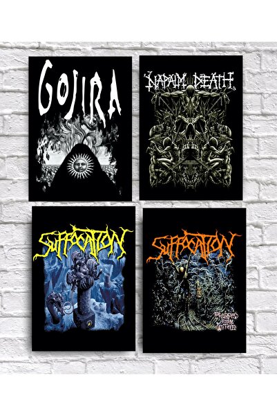Genel Markalar Death Metal Ahşap Tablo Seti Suffocation Napalm Death Gojira