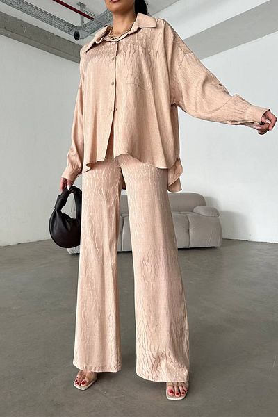 Ortaya Çık Kő Jacquard vászonszövet ing nadrág szett