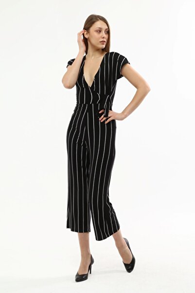 Miss Murem Double Breasted Collar Striped Jumpsuit-black