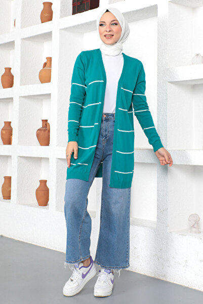 Tesettür Dünyası Pruhovaný úplet bez knoflíků Cardigan Tsd230367 tyrkysový