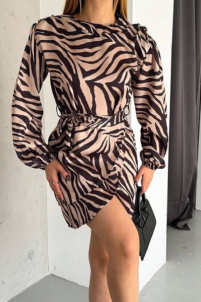 Neşeli Butik γυναικείο στάμπα μίνι φόρεμα σατέν με φύλλα NBKKLF20211