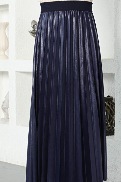 Tesettür Dünyası Δερμάτινη όψη πλισέ φούστα Tsd221001 Navy Blue