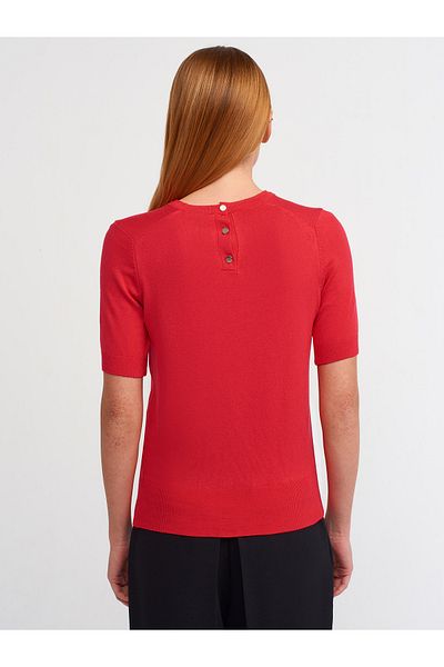 Dilvin 10426 Crew Neck Back Buttoned Short Sleeve Sweater-Red