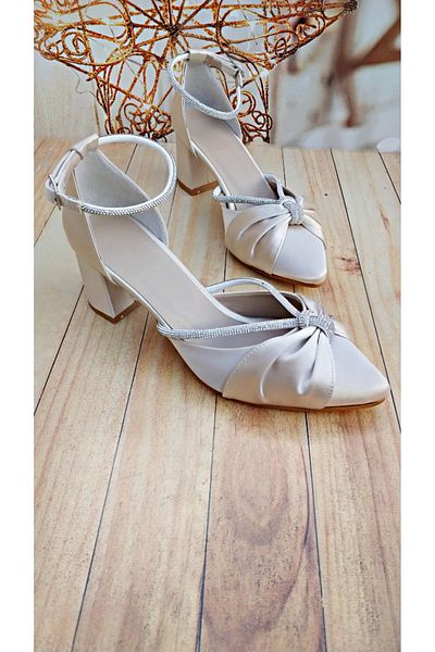 Modavien women's beige 5 cm thick heel satin evening shoes