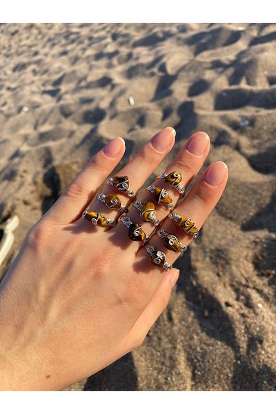 İDE TAKI TASARIMM Handmade Natural Stone Tiger Eye Stone Ring Adjustable
