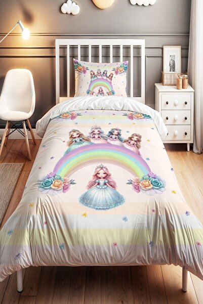 EVPANYA Cream Rainbow Princesses Patterned Single Baby Kids Duvet Cover Set