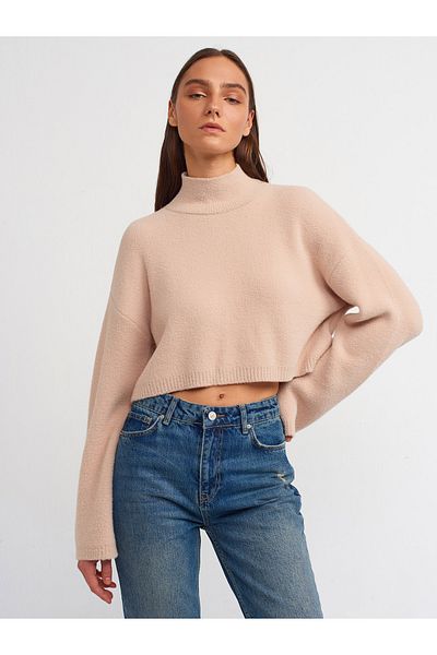 Dilvin 10483 Pulover crop cu guler ridicat cu textura moale-bej