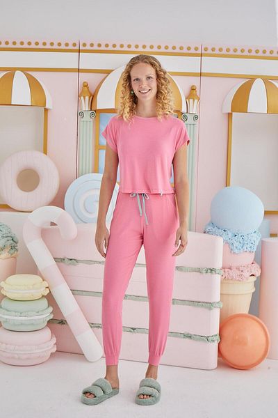 Sevim Women's Short Sleeve Pink Pajamas Set C7T1N851