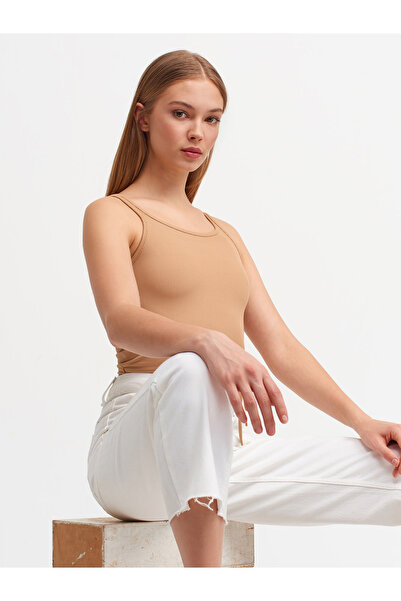 Dilvin 3720 Krawatowy top bez rękawów w kolorze wielbłądziej