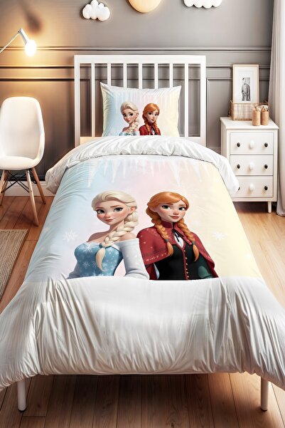 EVPANYA Renk Geçişli Elsa ve Anna Desenli Tek Kişilik Bebek Çocuk Nevresim Seti