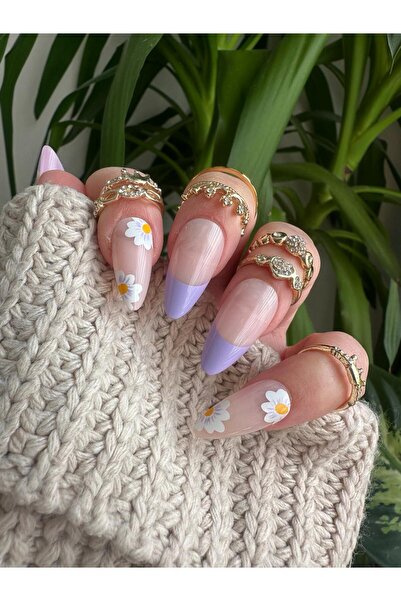 SYBELLE KOZMETİK 24 Adet Lila Çiçek Desenli Takma Tırnak