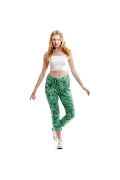 AYASOFYA OTANTIK Women's Green Italian Waist Tied Flower Patterned Skinny Trousers