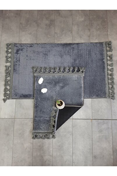 AVANTAJ Elite Antrasit Ponpon Saçaklı Peluş 2'li Banyo Paspası Halısı Kaymaz ...