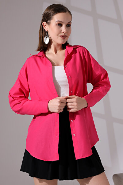 DWOZ Kadın Koyu Pembe Oversize Uzun Basic Gömlek
