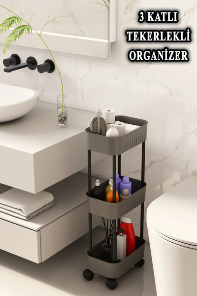 VİGENTİNO Lizbon Çok Amaçlı 3 Katlı Banyo Düzenleyici Dolap Tegah Yanı Tekerlekli Organizer