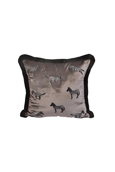 ge living Zebra Desenli Yastık Kılıfı  Dekoratif Parlak Gri Kadife Kırlent