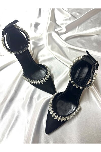 TrendyAnka Lady Satin Black Crystal Jewelled 8 Cm Transparent Heeled Pointed Toe Evening Dress Shoes